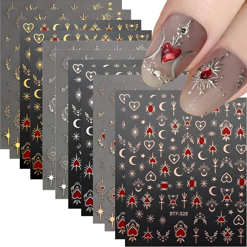 SPLOCUDU 12 Sheets Star Nail Stickers for Nail Art 3D SelfAdhesive Nail Art Stickers Gold Silver Sun Moon Heart Nails Design Decoration Accessories for Women